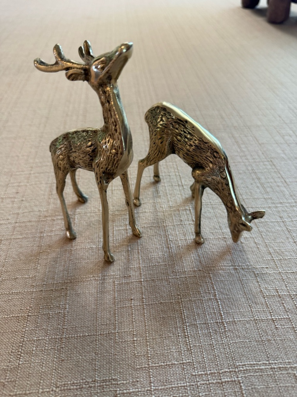Brass Deer Figurine Pair - Gold Tone vintage buck and doe sculptures mid century